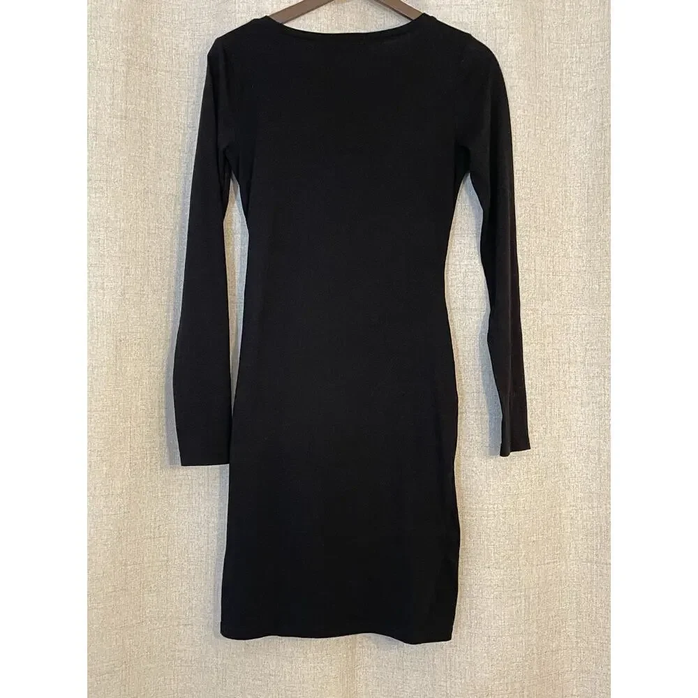 Leith Ruched Bodycon Dress Black Long Sleeve Knee Length Size Medium - Picture 5 of 5